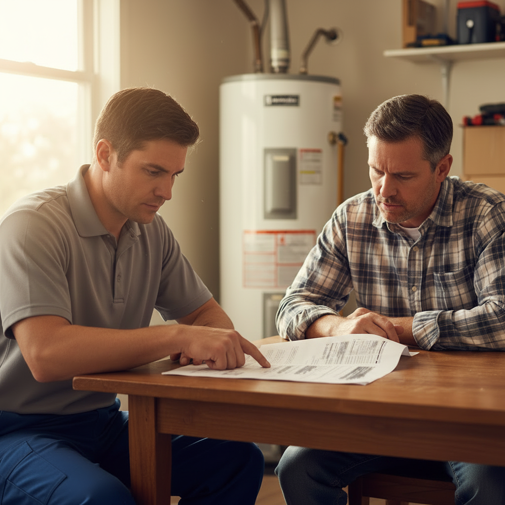Technician reviewing water heater permit paperwork with a homeowner in a McKinney Texas home