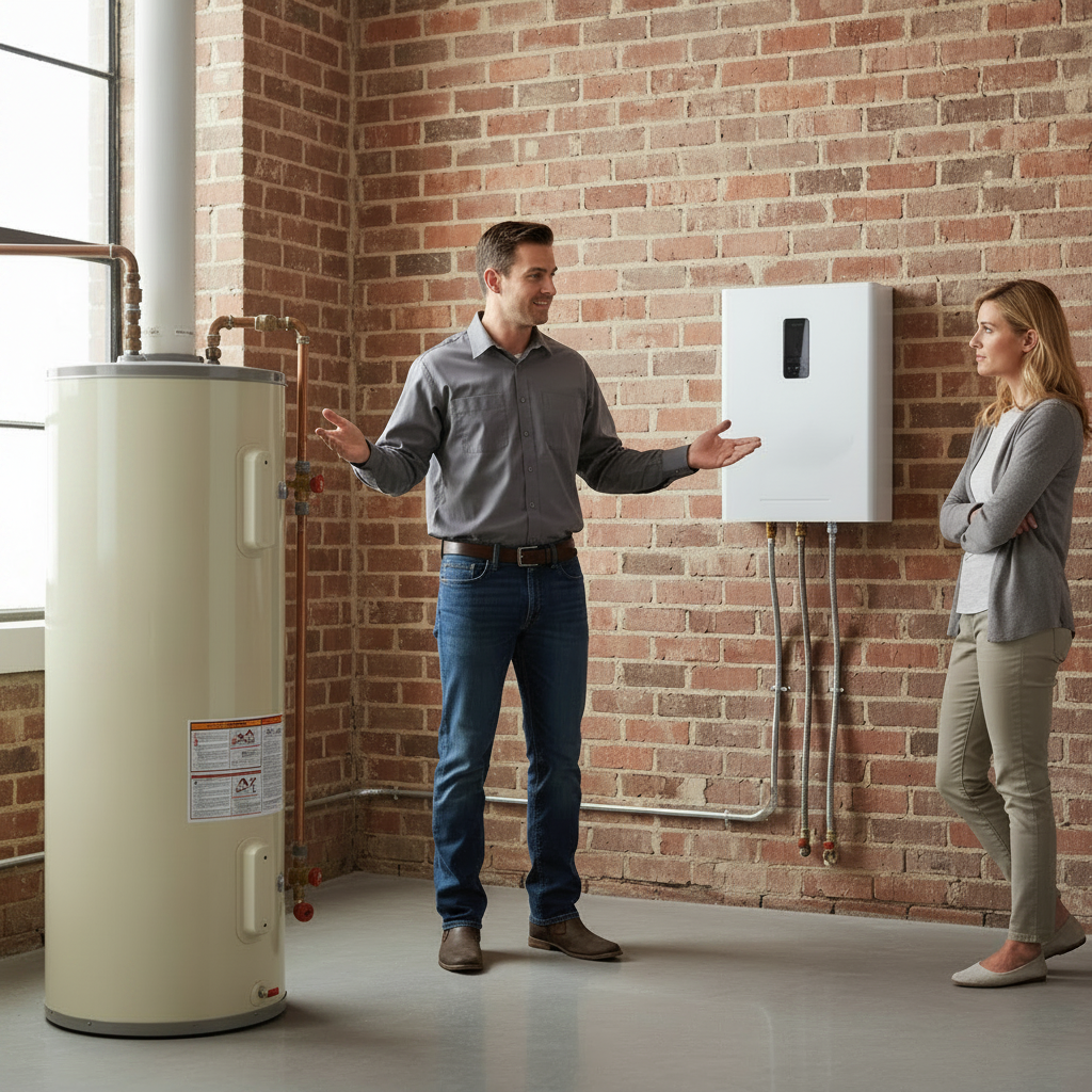 Technician comparing tank and tankless water heater systems with a homeowner in McKinney Texas