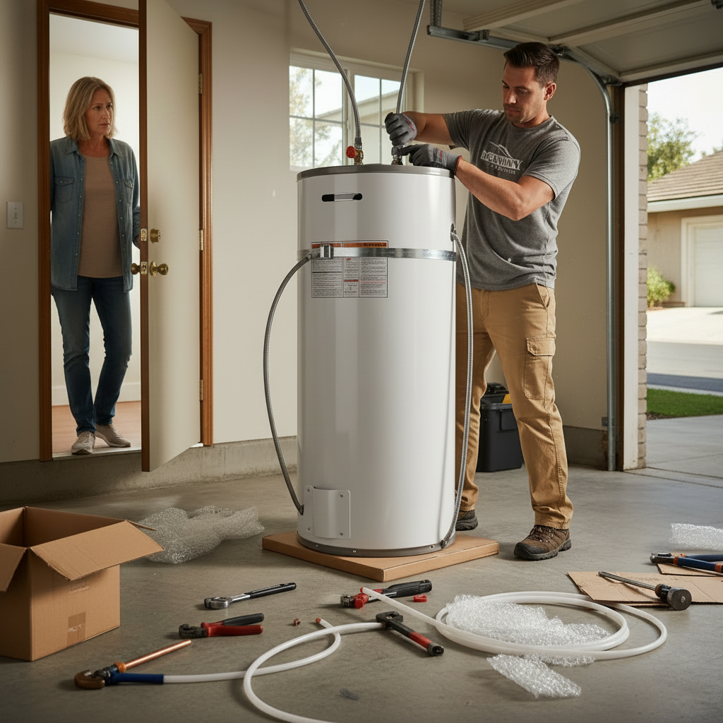 Technician actively installing a new residential water heater while homeowner observes in McKinney Texas