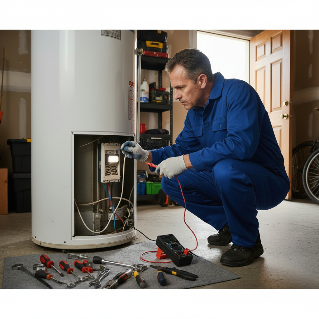 Technician actively diagnosing a residential water heater with multimeter and open access panel in McKinney Texas
