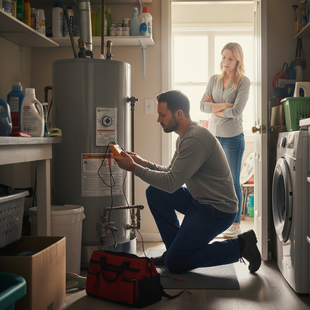 Technician troubleshooting a no-hot-water issue at a residential water heater while homeowner looks on in McKinney Texas