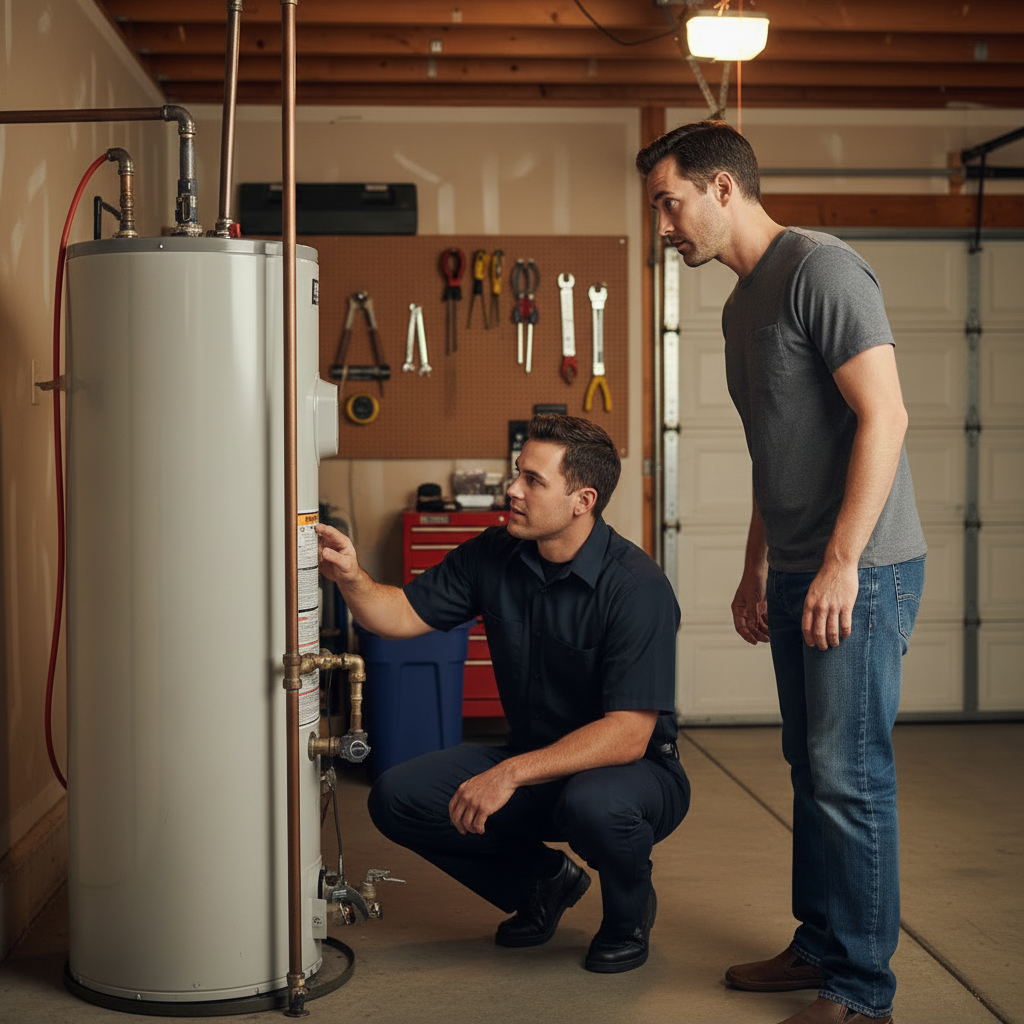 Professional water heater technician explaining a residential water heater issue to a homeowner in a McKinney Texas garage