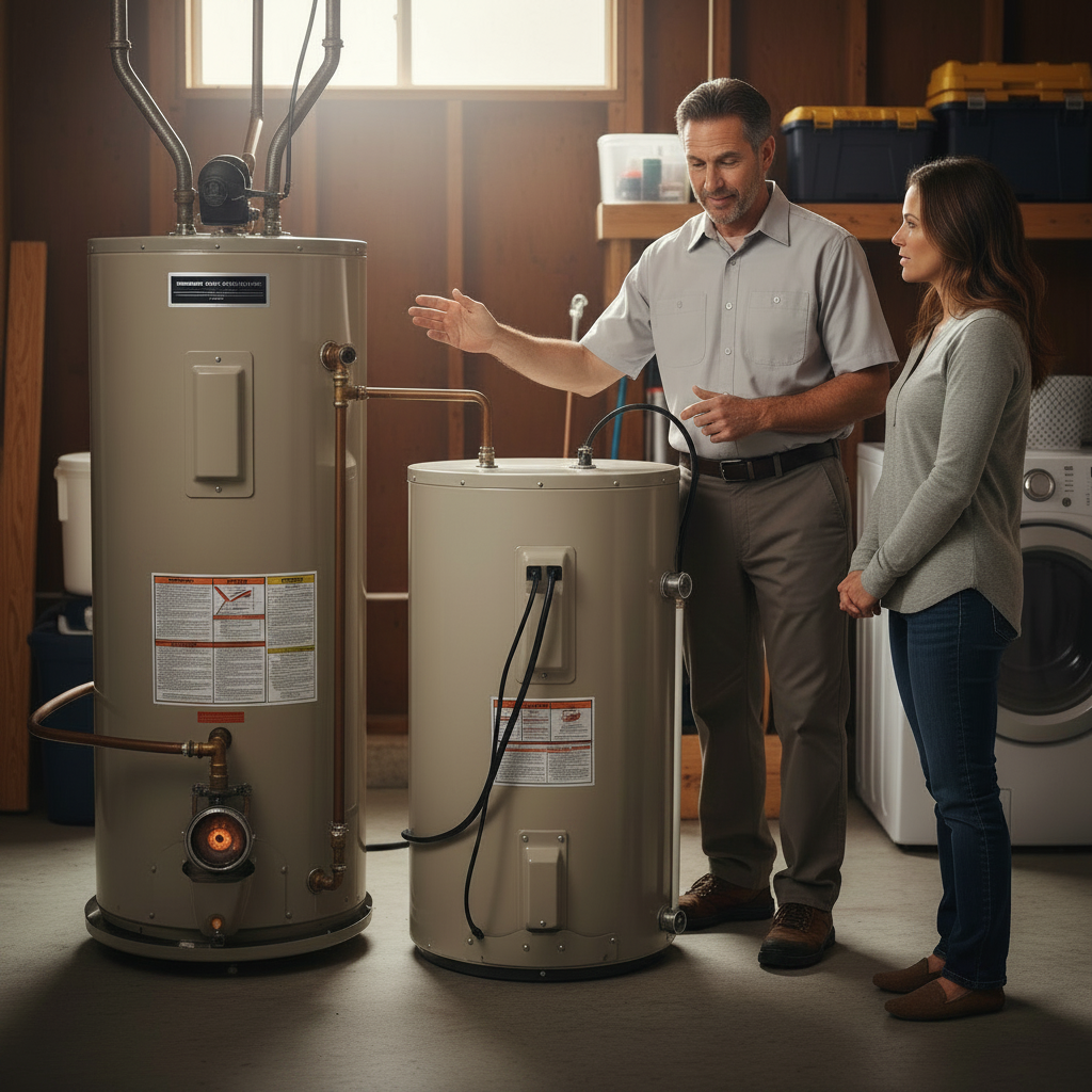 Technician comparing gas and electric water heater systems side by side in a McKinney Texas home