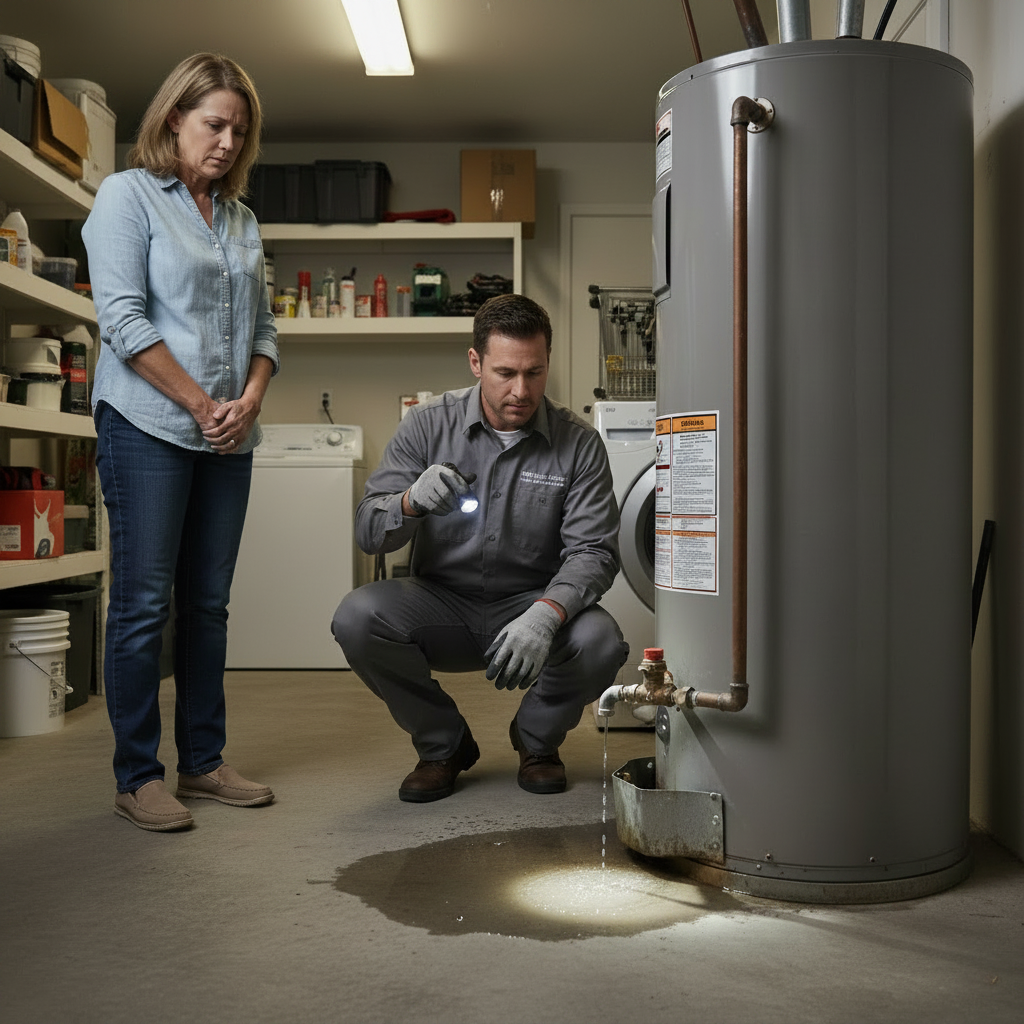Technician identifying the source of a leaking water heater in a McKinney Texas home