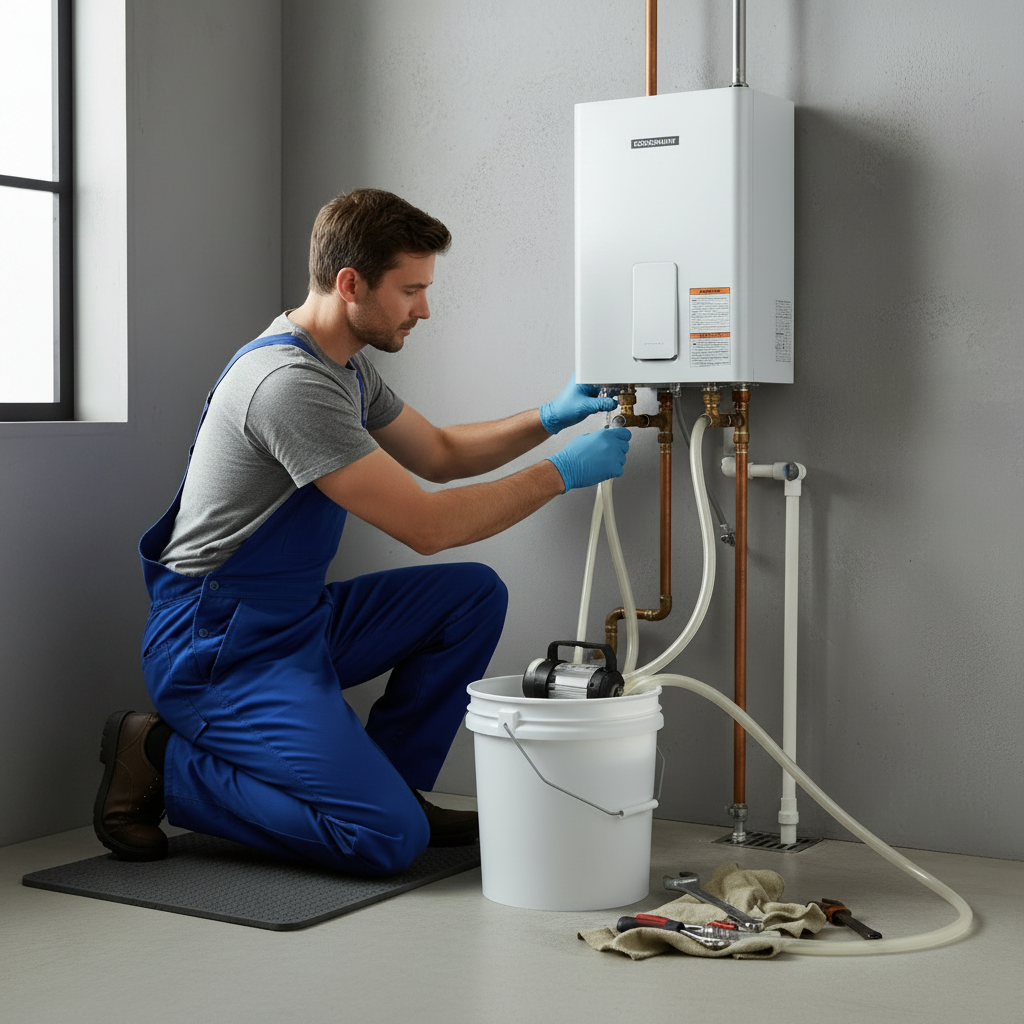 Technician performing a descaling flush on a wall-mounted tankless water heater with hoses and pump in McKinney Texas