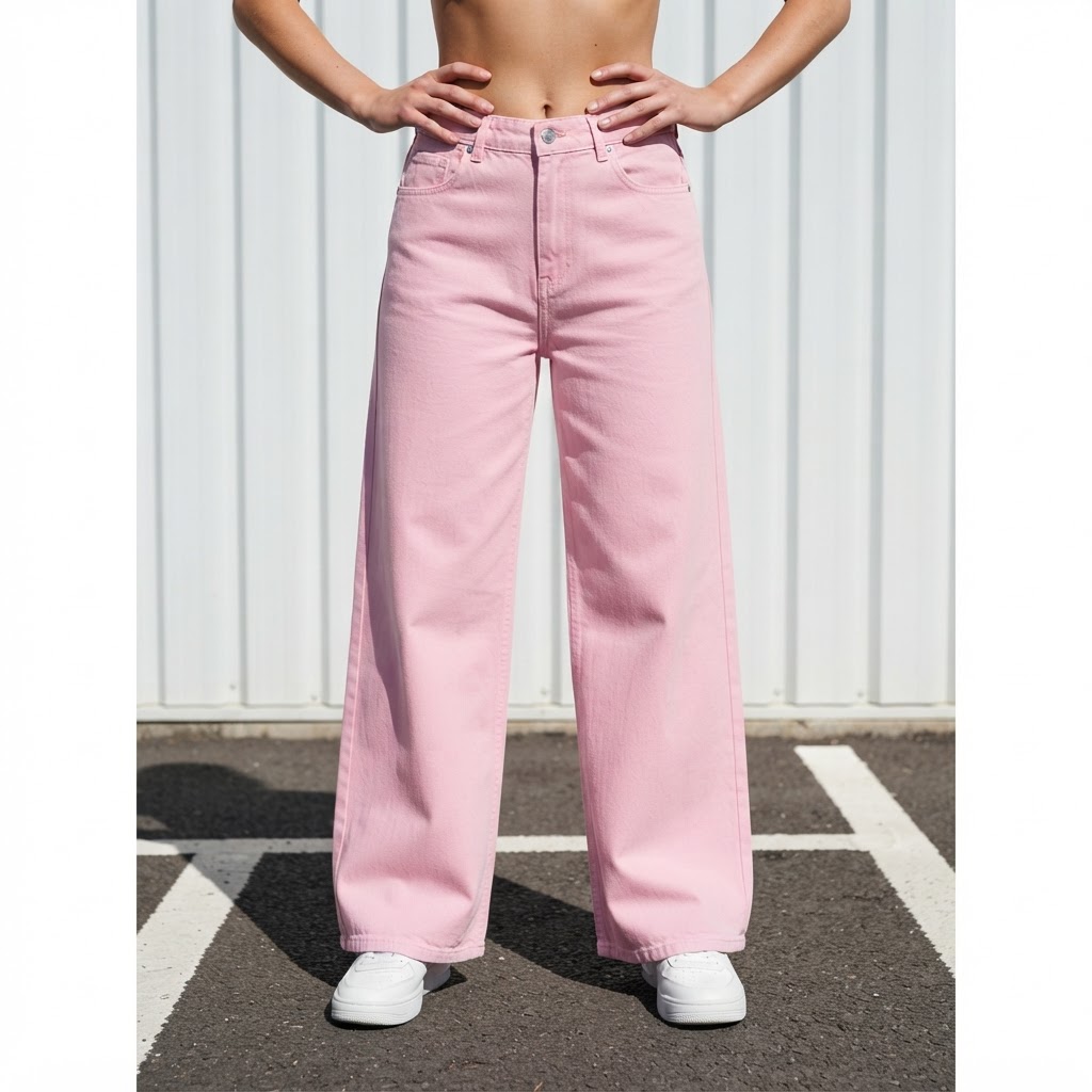 PrettyLittleThing Baby Pink Wide Leg Denim Jeans - Contempor