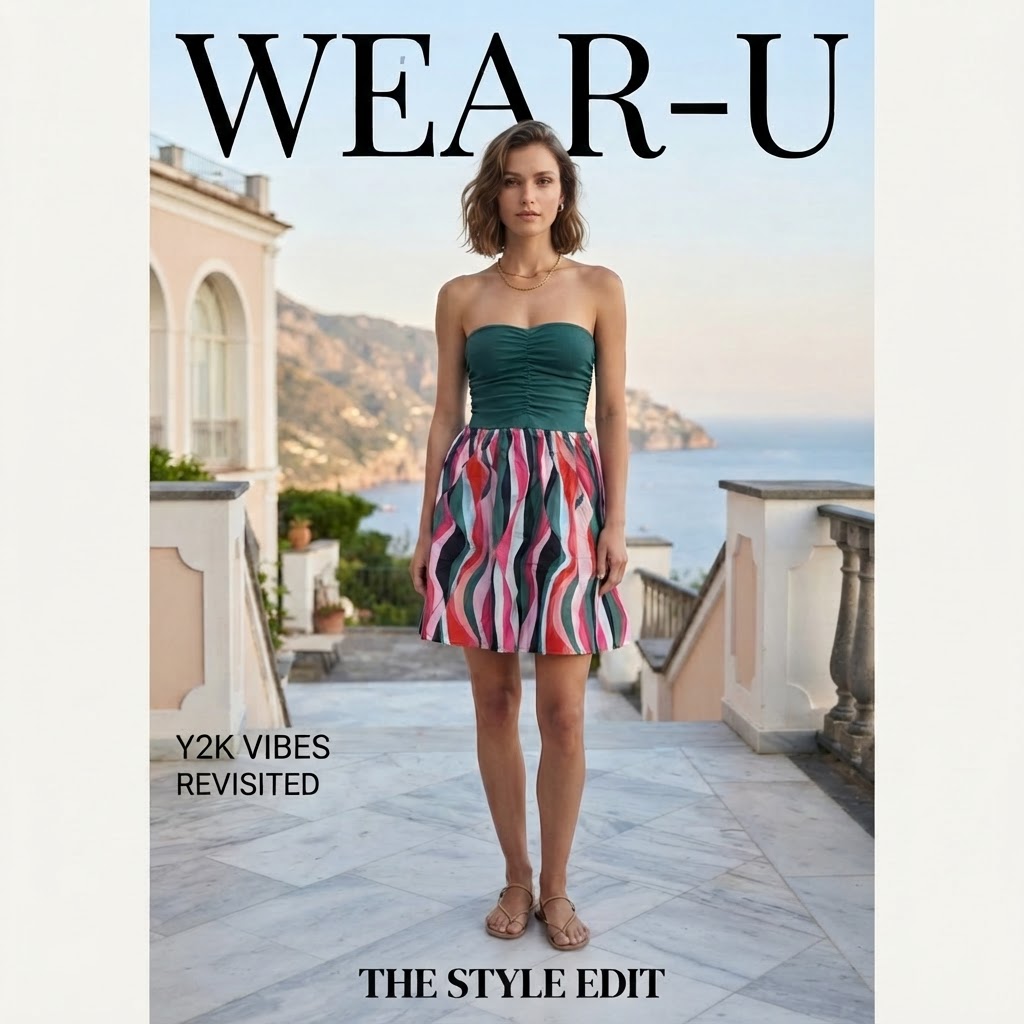 Teal and Pink Wavy Print Strapless A-Line Dress