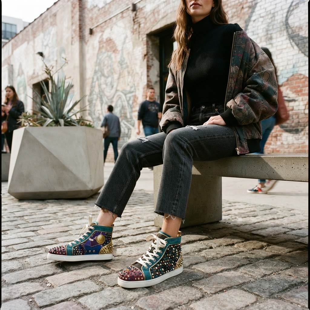 Christian Louboutin Luxury Studded Patchwork High-Top Sneake