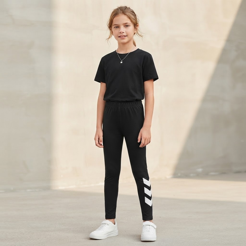 SHEIN Black Girls' Athletic Leggings with White Graphic Deta