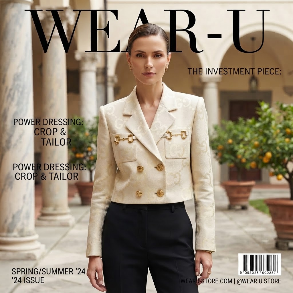 GUCCI Cream Monogram Cropped Blazer with Gold Hardware