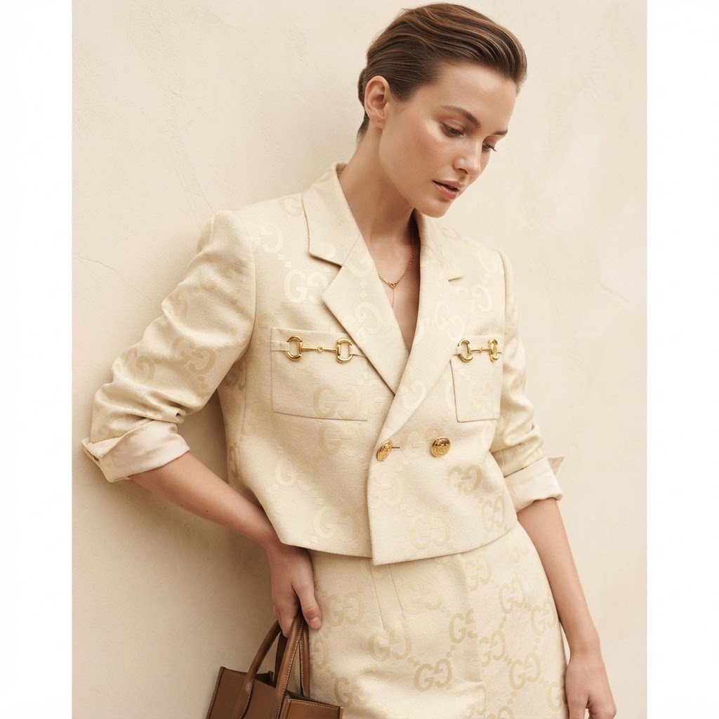 Gucci Ivory Gucci Monogram Jacquard Horsebit Cropped Blazer