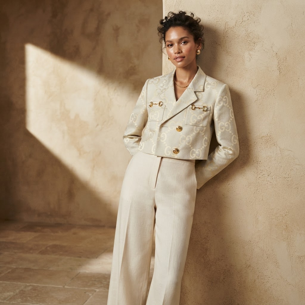 Gucci Ivory Gucci Monogram Cropped Blazer with Horsebit Deta