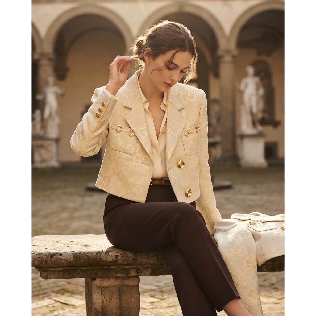 Gucci Ivory Monogram Jacquard Cropped Blazer with Horsebit D