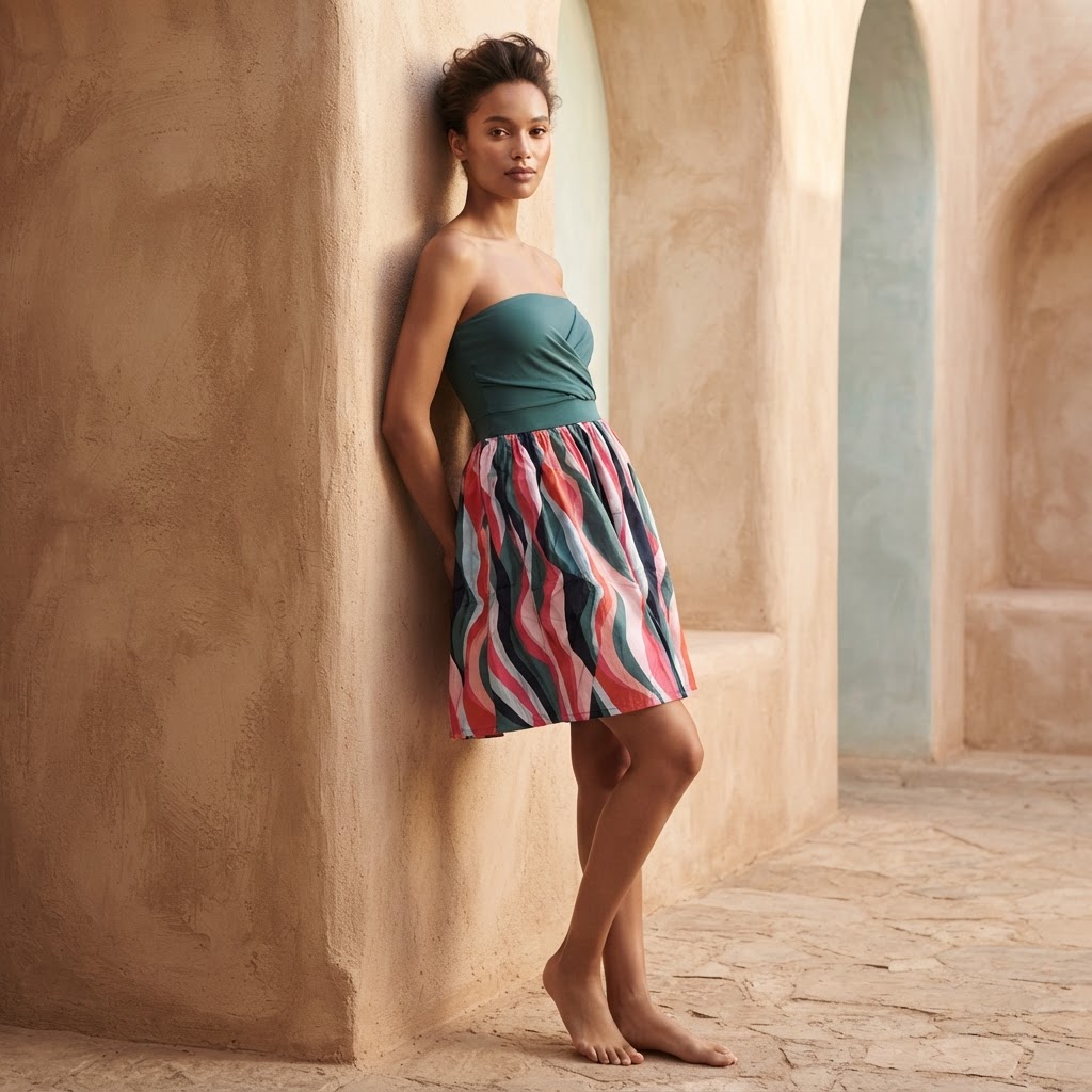 Teal Strapless Fit-and-Flare Mini Dress with Wave Print