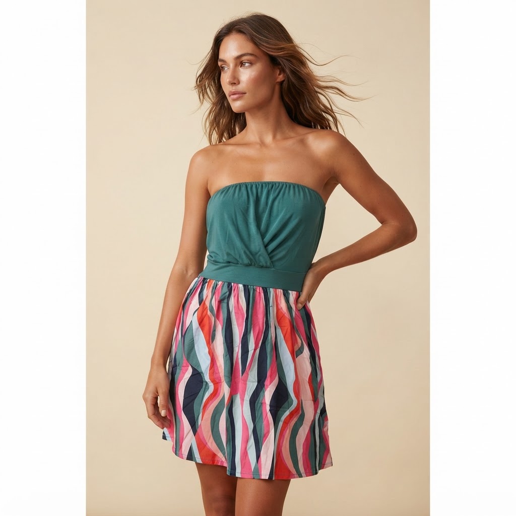 Teal Strapless Mini Dress with Multicolour Wavy Skirt