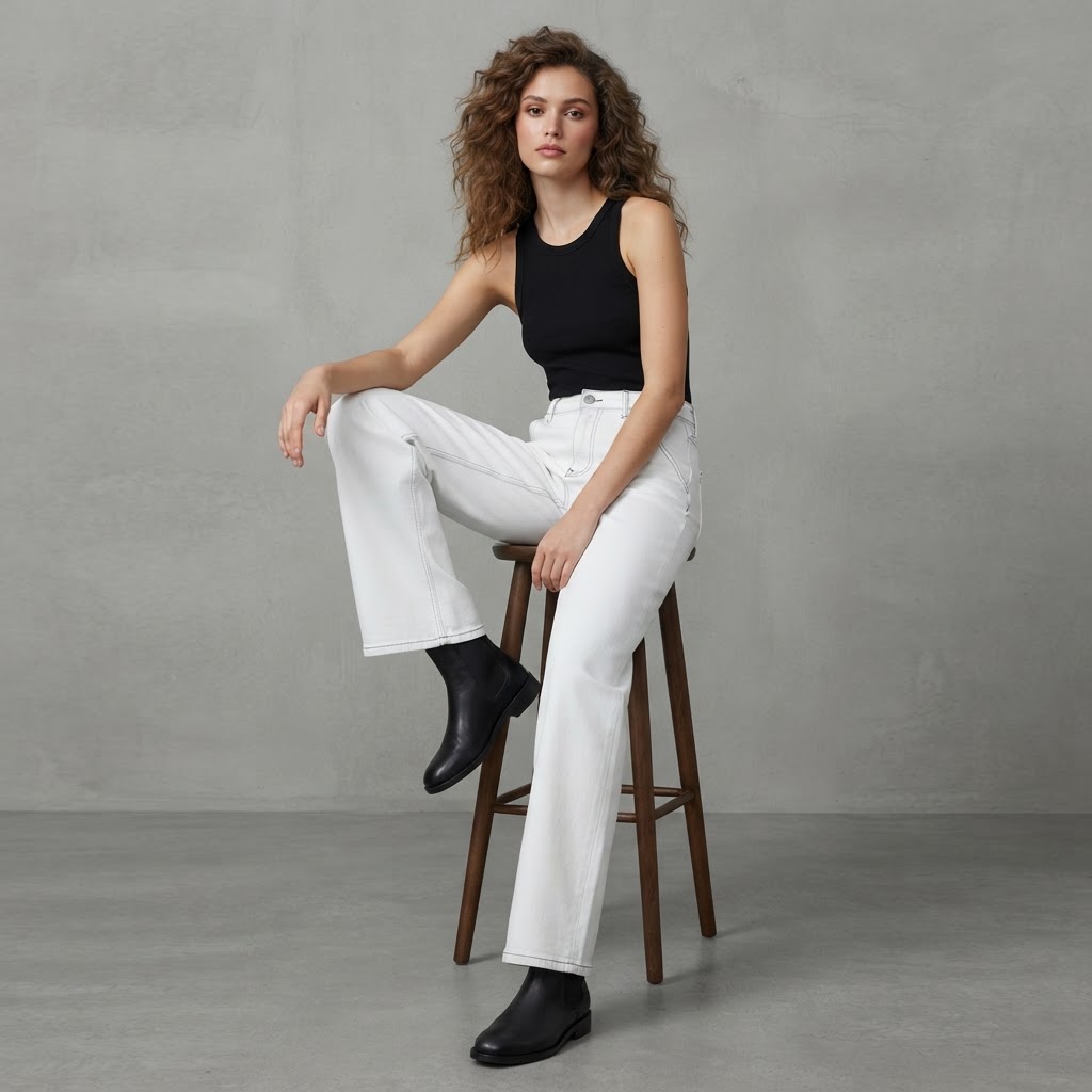 Conbipel White Wide Leg Stretch Jeans with Contrast Stitchin
