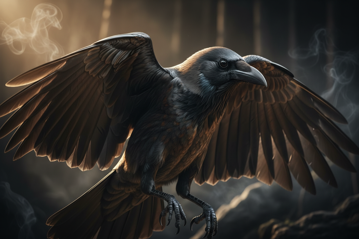 New Caledonian crow with spread wings