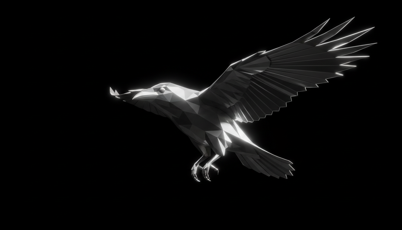 Silver metallic crow in flight