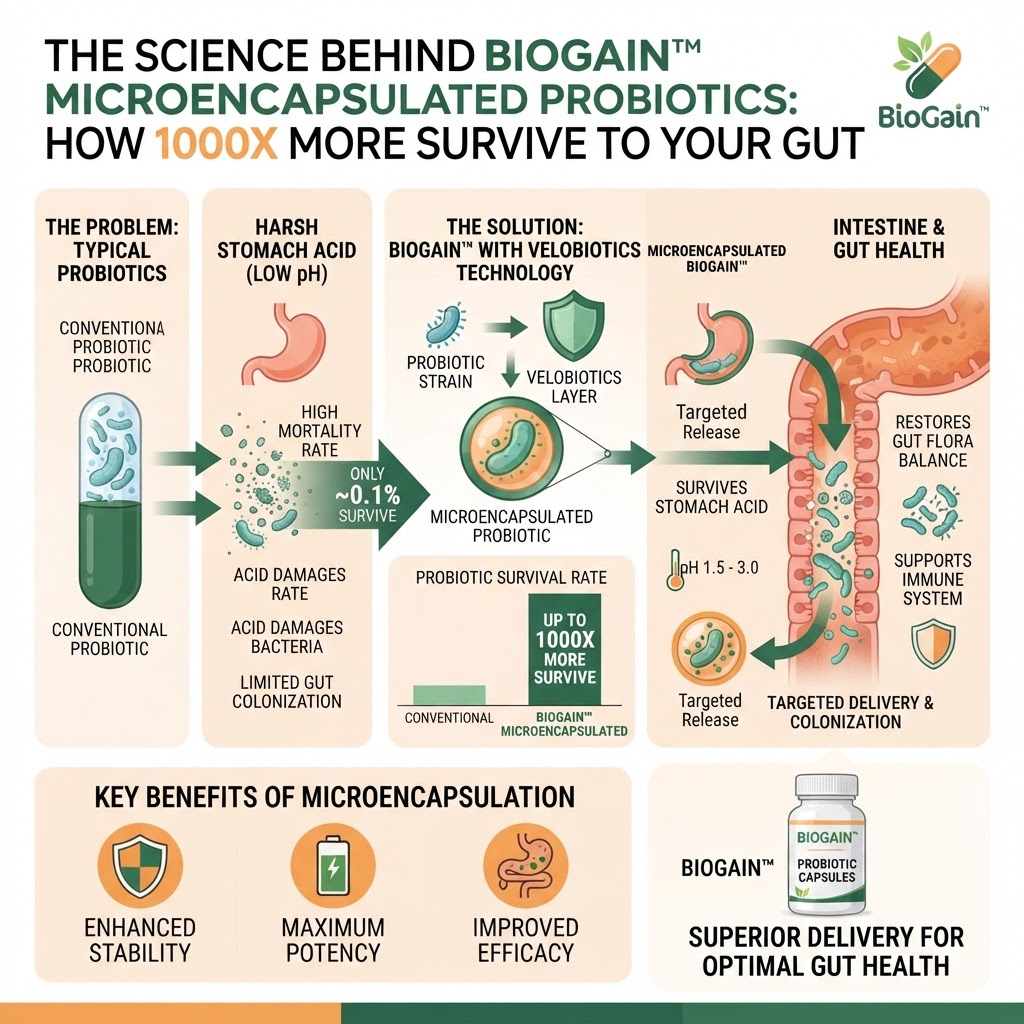 The Science Behind BioGain™ Microencapsulated Probiotics: How 1000x More Survive to Your Gut - Infographic