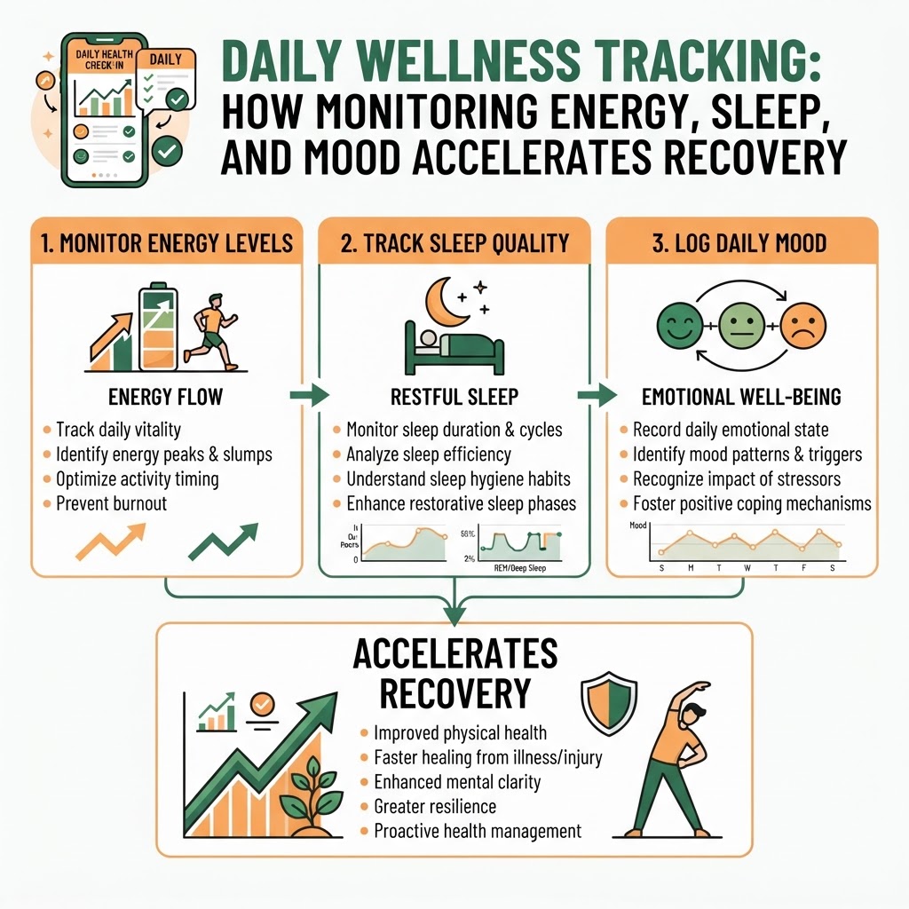 Daily Wellness Tracking: How Monitoring Energy, Sleep, and Mood Accelerates Recovery - Infographic