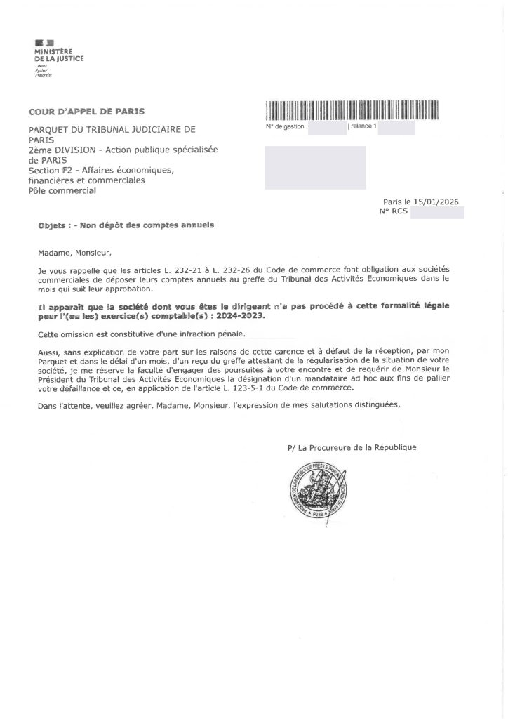 Courrier de relance du Parquet pour non-dépôt des comptes annuels — l'absence de régularisation peut entraîner des poursuites pénales