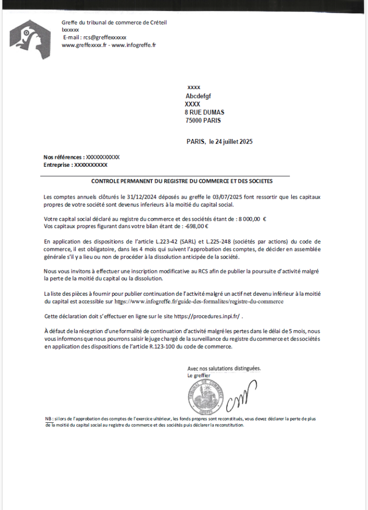Exemple de courrier du greffe du tribunal de commerce informant la société de la perte de plus de la moitié du capital social et l'obligation de décider de la poursuite ou de la dissolution