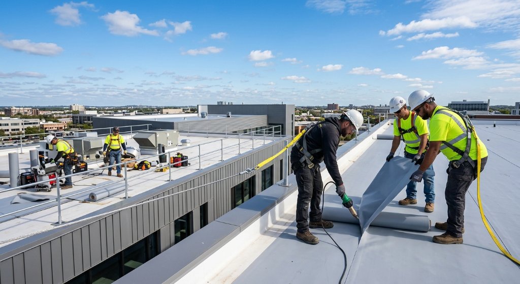 Our team working on a commercial roof