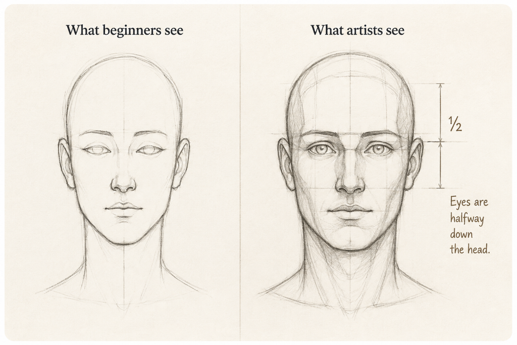 What beginners see vs what artists see — eyes are halfway down the head