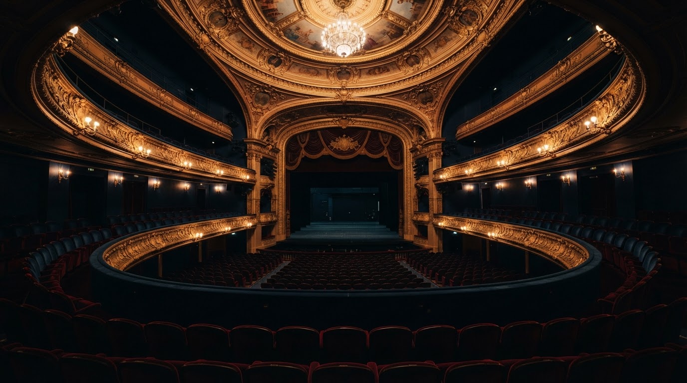 Façade de théâtre parisien au crépuscule
