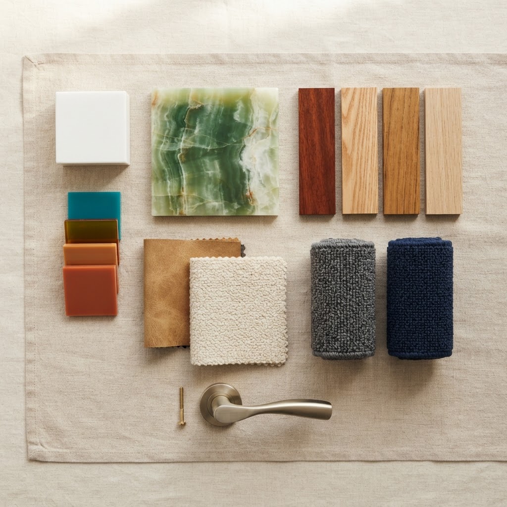 Flat lay of yacht interior finish samples on a light worktable: green onyx, brass, Corian, acrylics, wood veneers, carpet and fabric swatches