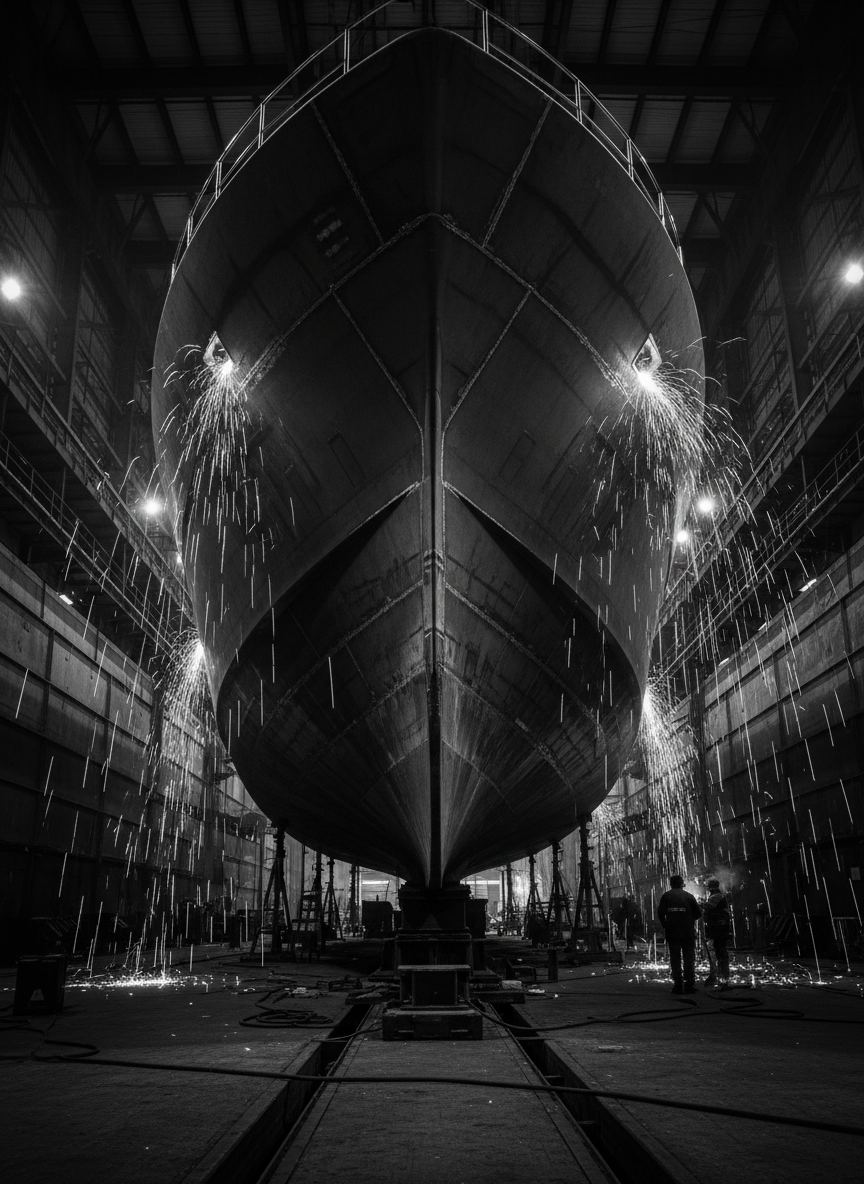 High-contrast yacht hull in industrial shipyard setting