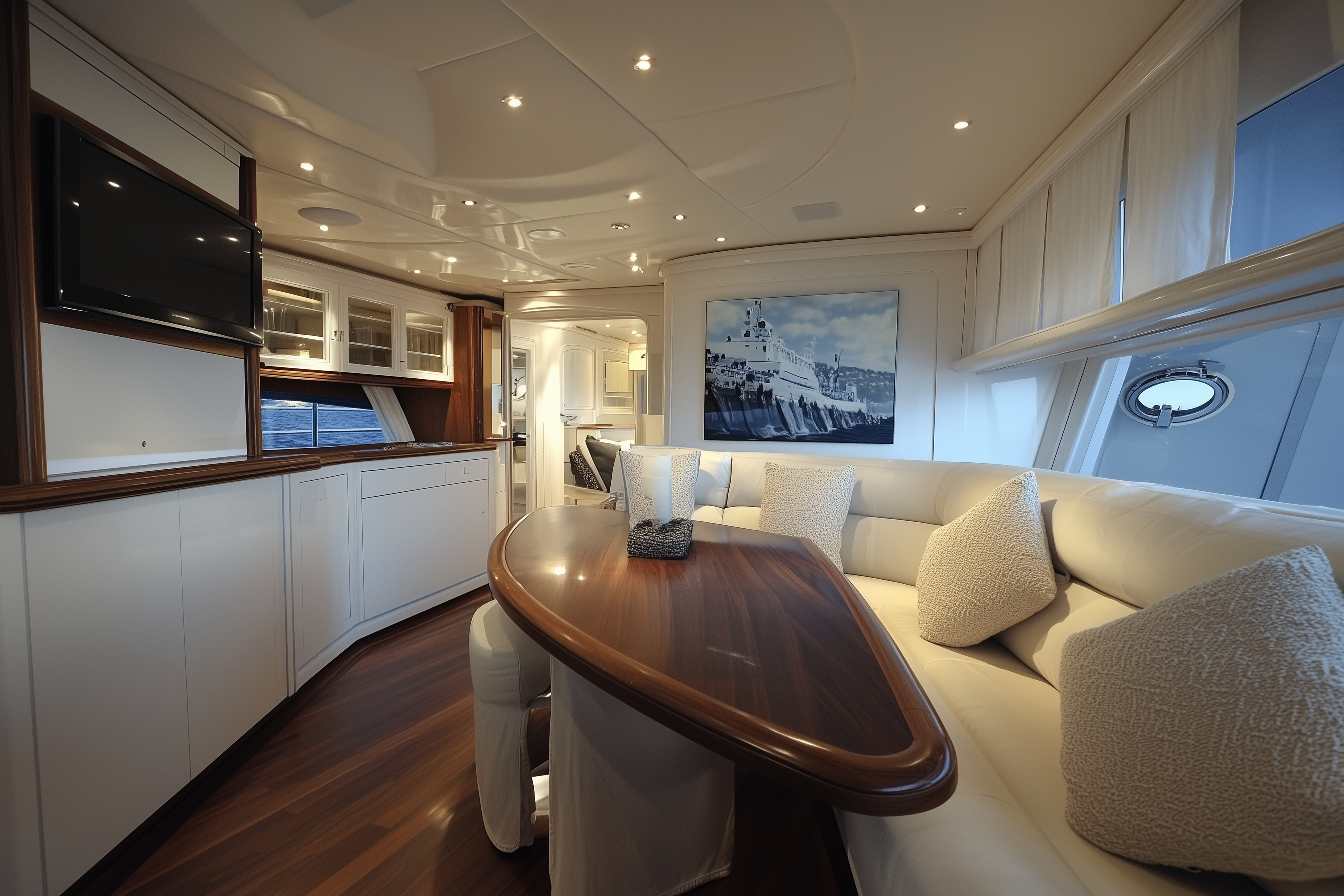 Modern minimalist luxury yacht interior, perfectly lit and clean