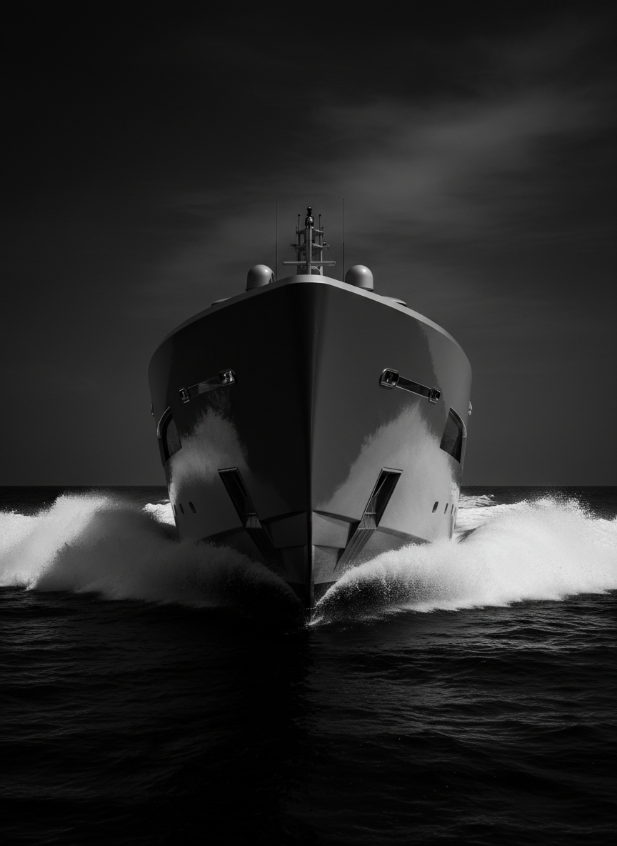 High-contrast yacht prow cutting through dark water