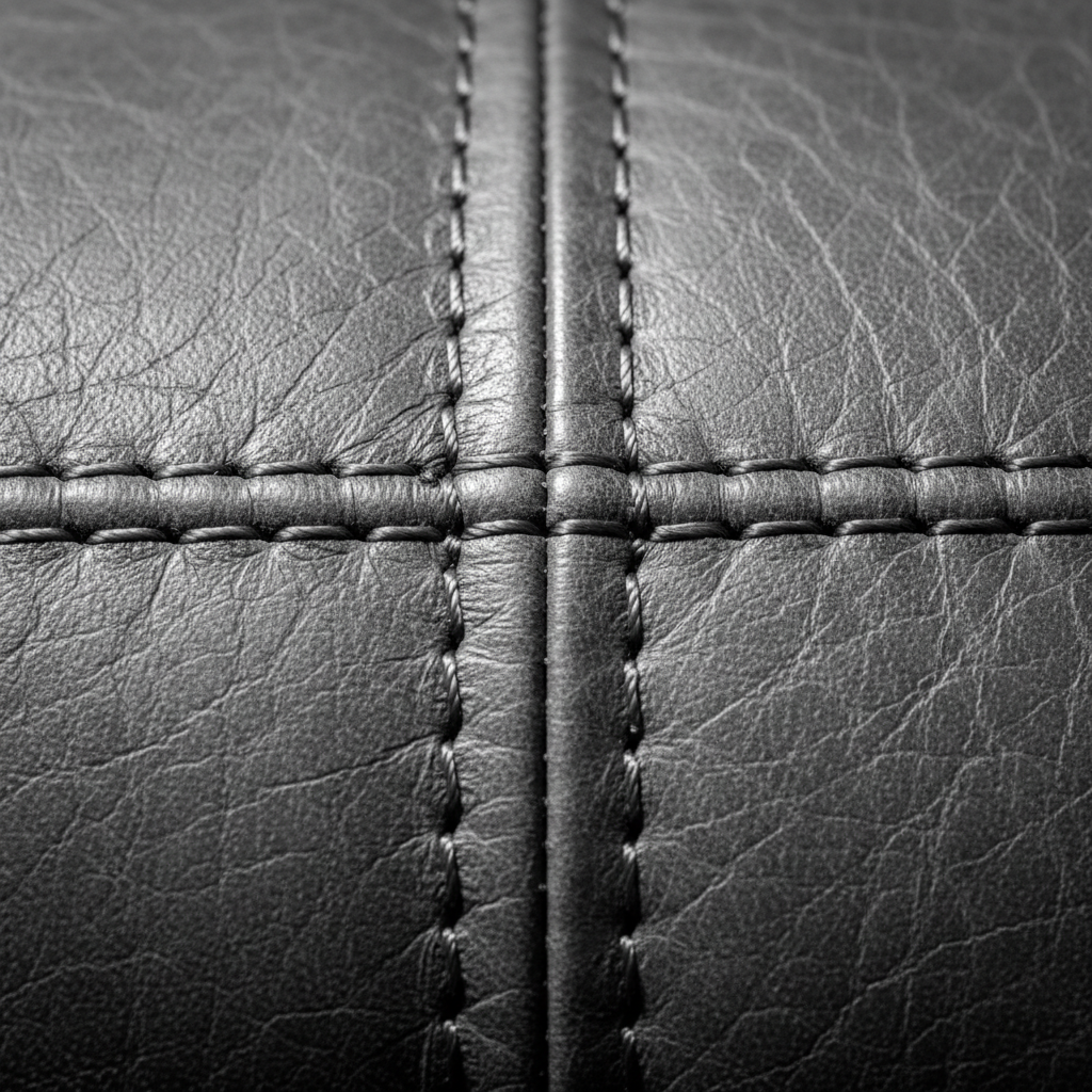 High-contrast macro of hand-stitched luxury leather upholstery