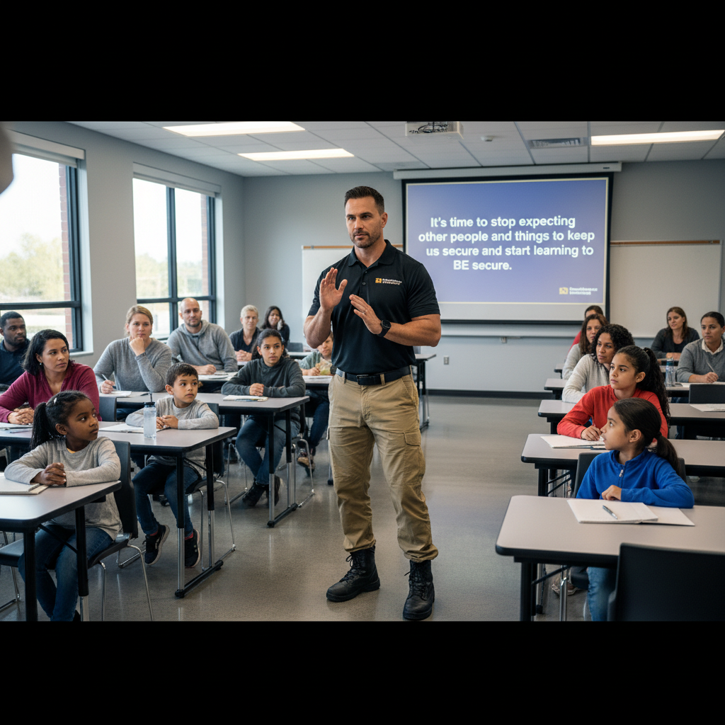 Instructor actively teaching self-defense class to families