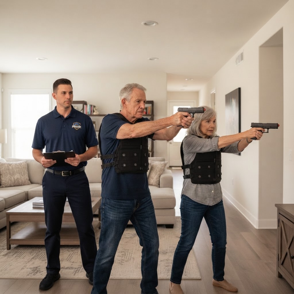 Elderly couple practicing a force-on-force home defense drill with laser training equipment and sensor vests