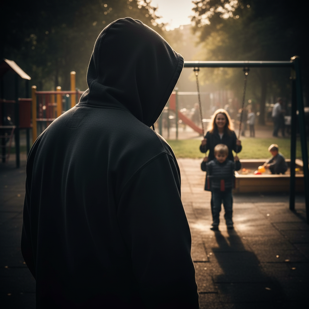 Sinister hooded figure watching mother and children at playground