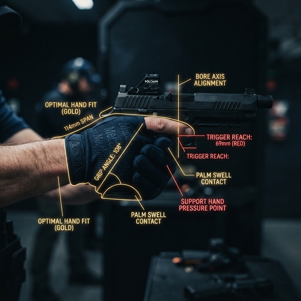 Proper firearm fitting showing ergonomic measurement of grip and trigger reach