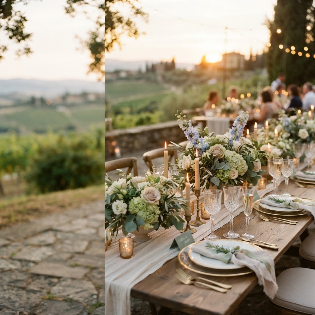 A wedding reception table at golden hour