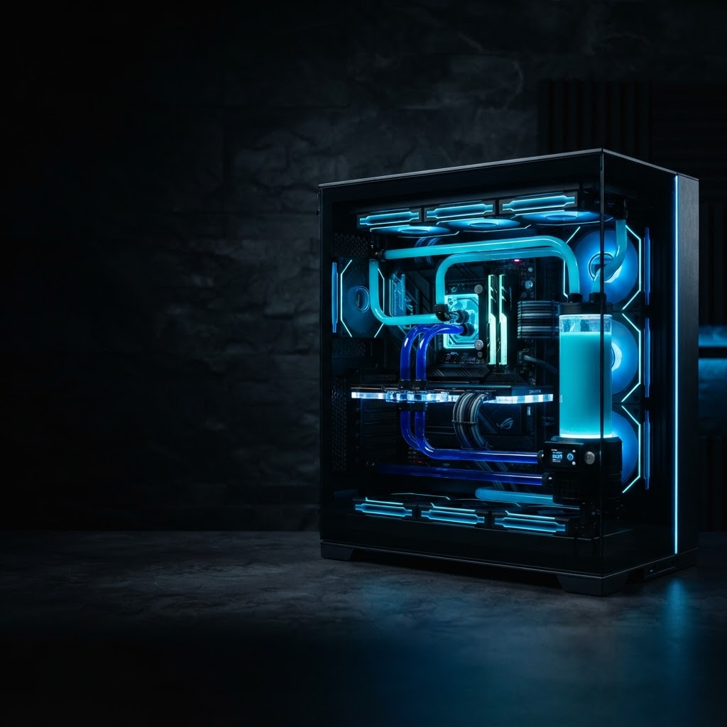 Bespoke watercooled custom-loop PC with blue coolant