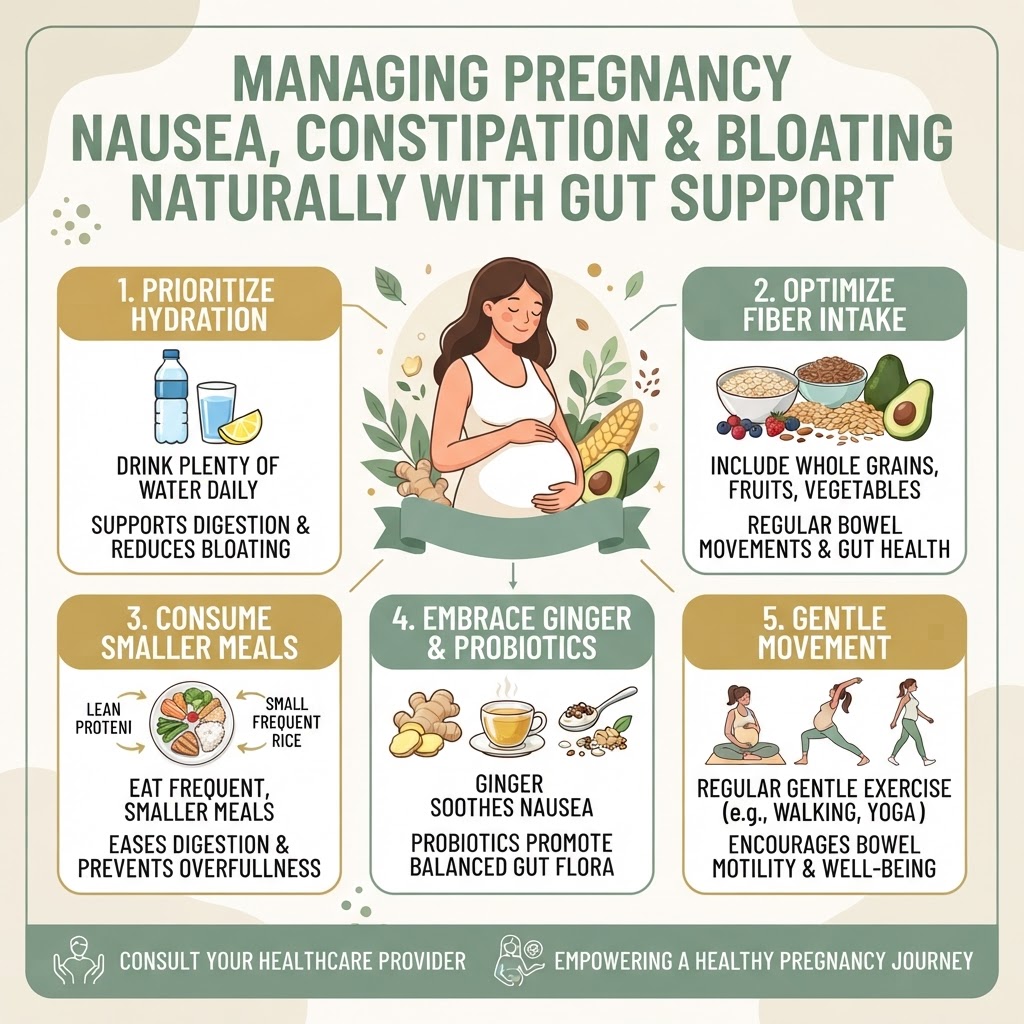 Managing Pregnancy Nausea, Constipation and Bloating Naturally With Gut Support — Infographic