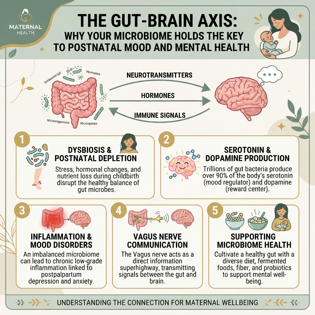 The Gut-Brain Axis: Why Your Microbiome Holds the Key to Postnatal Mood and Mental Health — Infographic