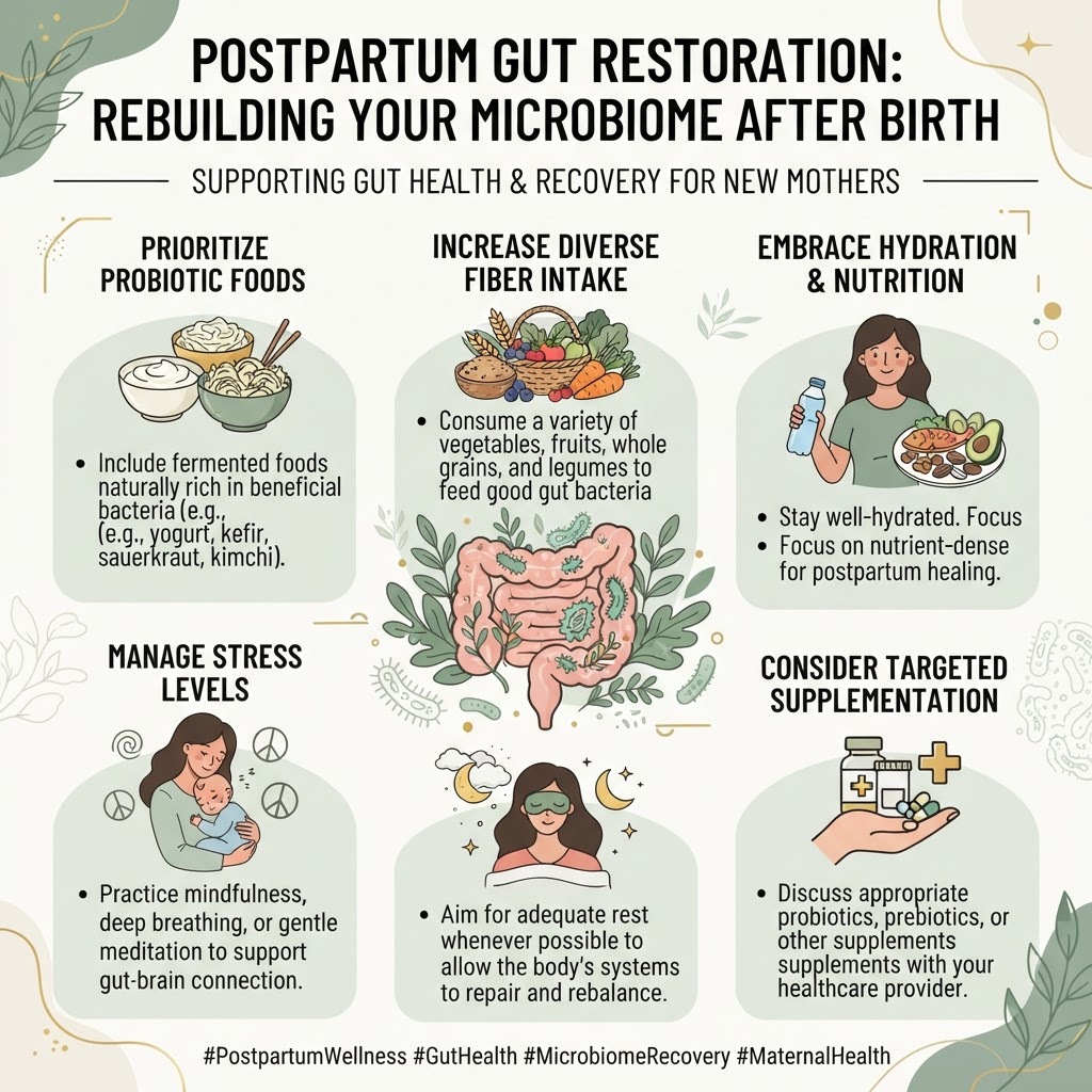 Postpartum Gut Restoration: Rebuilding Your Microbiome After Birth — Infographic