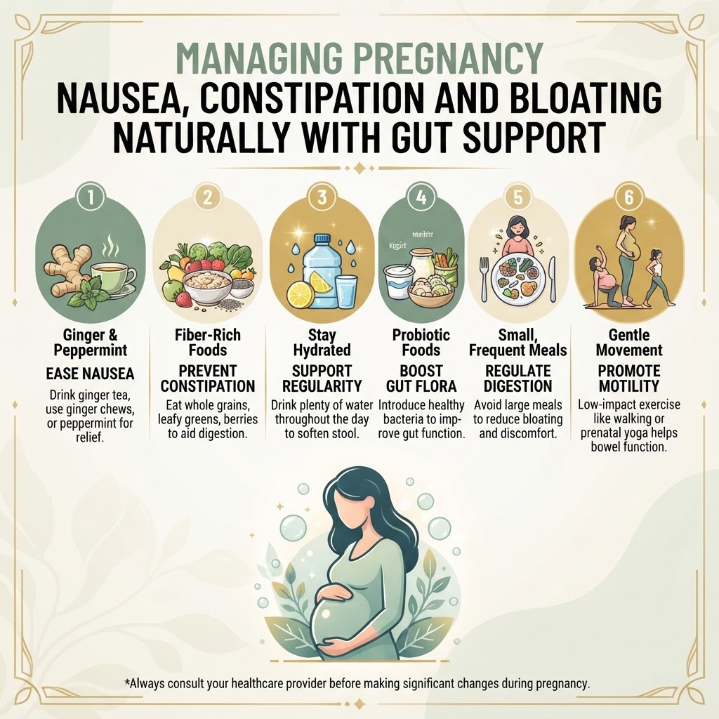 Managing Pregnancy Nausea, Constipation and Bloating Naturally With Gut Support — Infographic