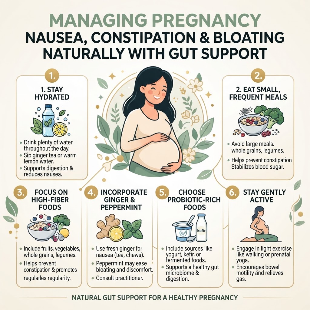 Managing Pregnancy Nausea, Constipation and Bloating Naturally With Gut Support — Infographic
