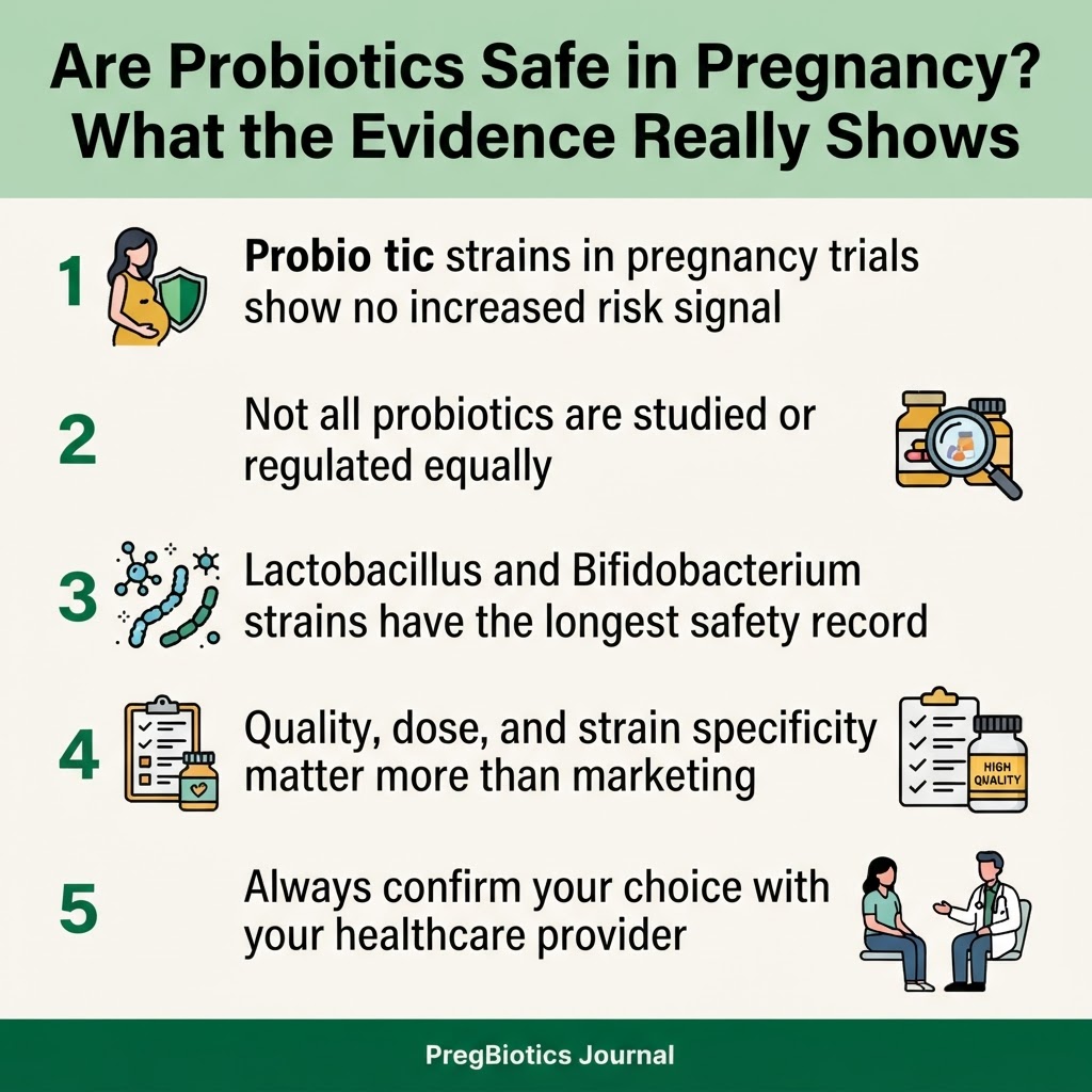 Are Probiotics Safe in Pregnancy? What the Evidence Really Shows — key points infographic