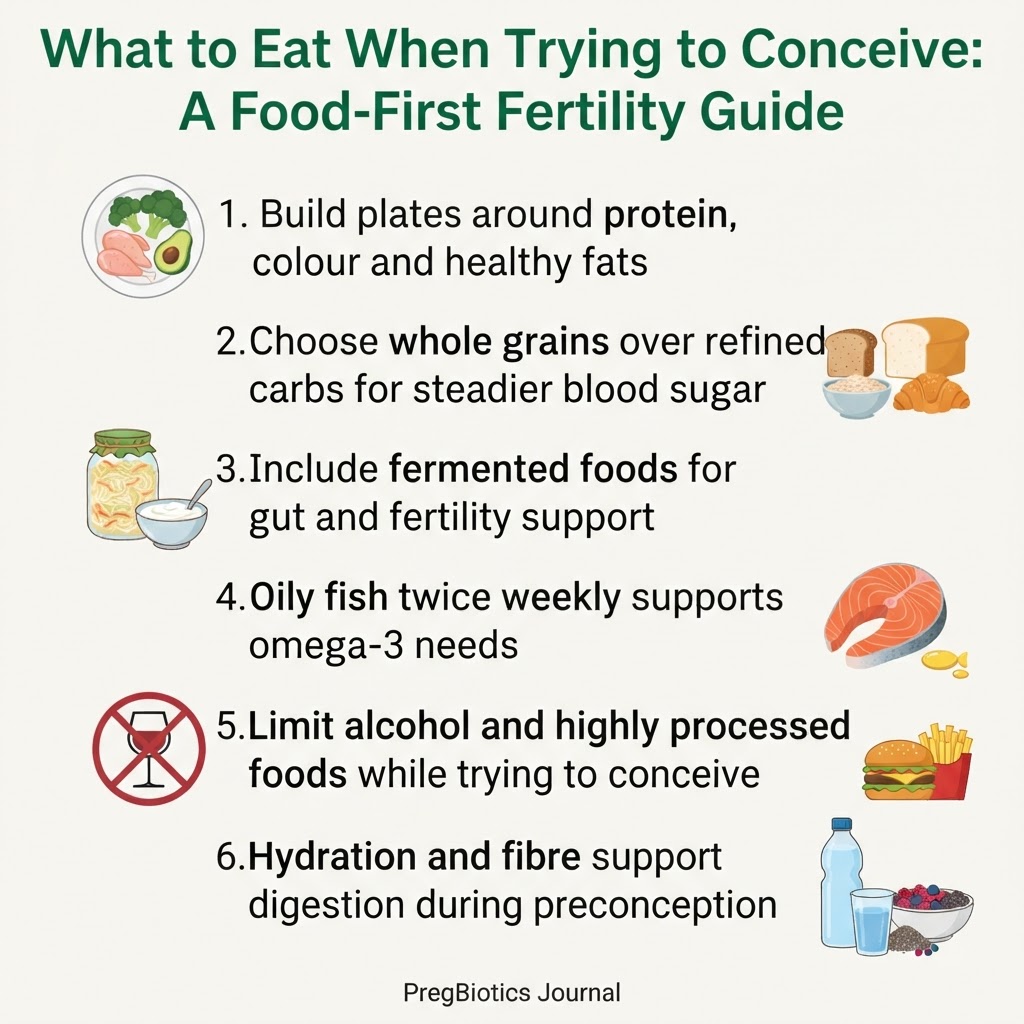 What to Eat When Trying to Conceive: A Food-First Fertility Guide — key points infographic