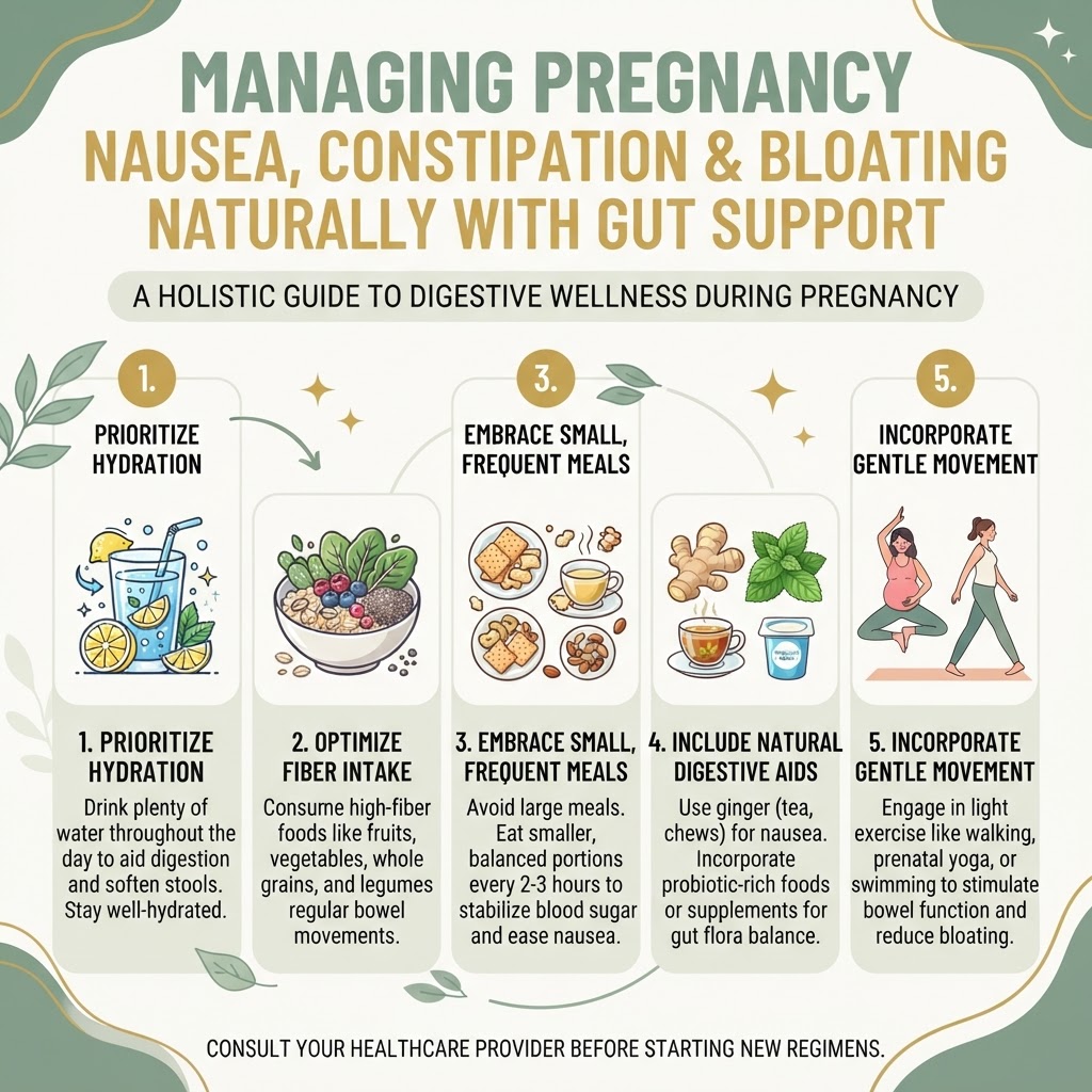 Managing Pregnancy Nausea, Constipation and Bloating Naturally With Gut Support — Infographic