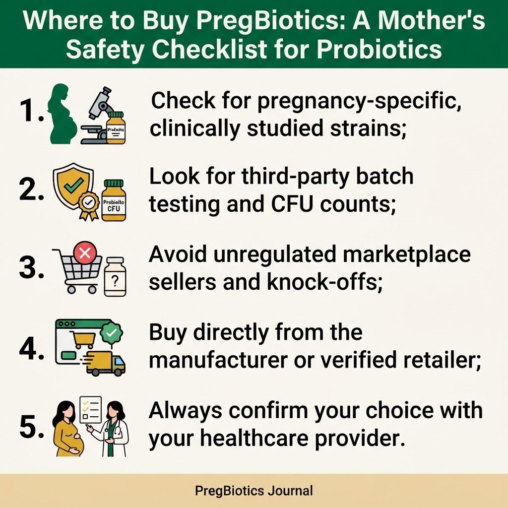 Where to Buy PregBiotics: A Mother's Safety Checklist for Probiotics — key points infographic
