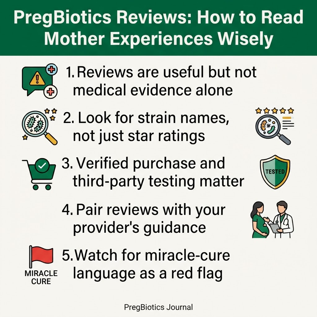 PregBiotics Reviews: How to Read Mother Experiences Wisely — key points infographic